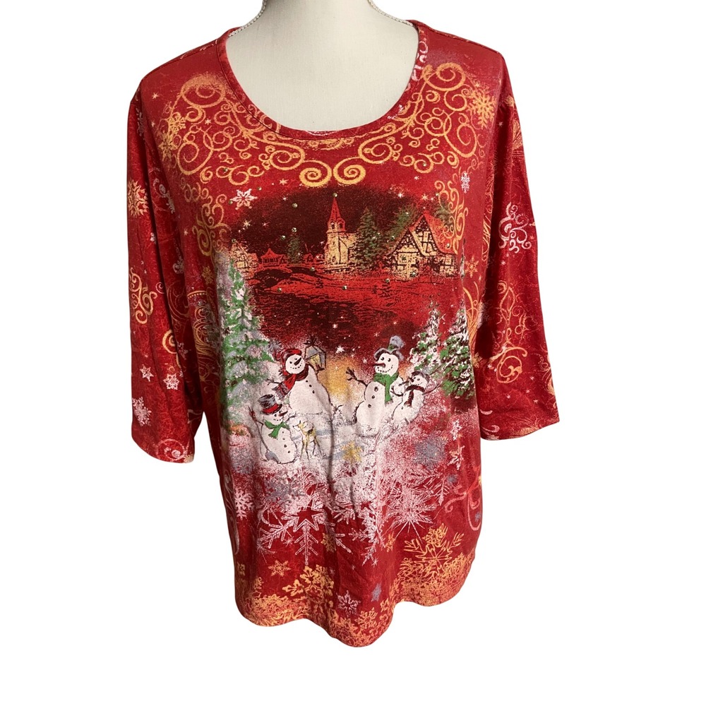 Vintage 90s Bon Worth Christmas Winter Scene Top Women's Large Petite